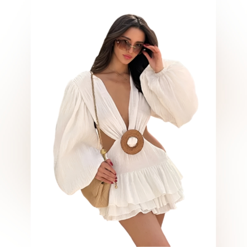 White Deep V-Neck Long Sleeve Side Out Waist Dress
